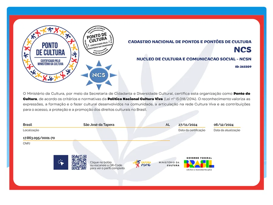Certificado de Ponto de Cultura emitido ao NCS pelo Ministério da Cultura, ID 263309